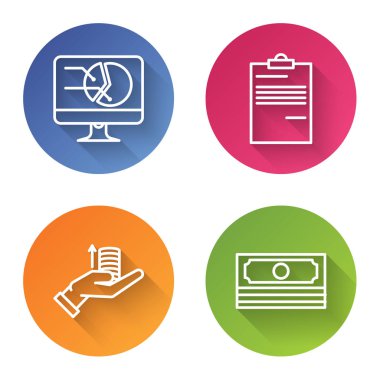 Çizgi bilgisayar monitörünü grafik çizelgesi, belge, para ve kağıt para ile ayarla. Renkli daire düğmesi. Vektör