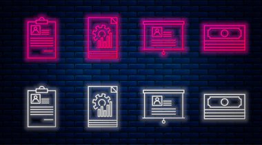 Grafik grafiği ile satır belgesi, özgeçmişi ile tahta, özgeçmişi ile pano ve kağıt para yığını ile ayarla. Tuğla duvarda parlayan neon simgesi. Vektör