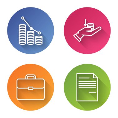 Satır çizelgesi bilgisi ve madeni para, elde para, evrak çantası ve evrak. Renkli daire düğmesi. Vektör