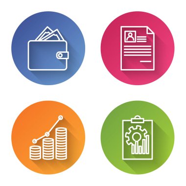 Cüzdanında deste kağıt para, özgeçmiş, grafiksel harita, para ve grafikli pano olsun. Renkli daire düğmesi. Vektör