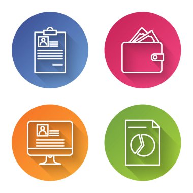 Özgeçmişli satır panosu, kağıt para desteli cüzdan, özgeçmişli bilgisayar monitörü ve grafik grafikli belge ayarla. Renkli daire düğmesi. Vektör