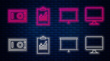 Çizgi panosunu grafik çizelgesi, tebeşir tahtası, Güvenli ve Bilgisayar monitörü ekranı ile ayarla. Tuğla duvarda parlayan neon simgesi. Vektör