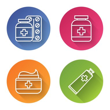 İlaç şişesi ve haplar, ilaç şişesi, merhem krem tüpü ilacı ve merhem tüpü ilacını hazırlayın. Renkli daire düğmesi. Vektör