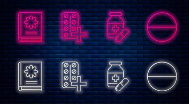 Çizgi hapları su toplayan paketlere, ilaç şişelerine ve haplara, tıp kitabına ve ilaç haplarına veya tabletlere koyun. Tuğla duvarda parlayan neon simgesi. Vektör