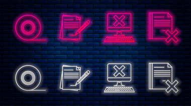 Silgi ile boş defter ve kalem satırı, klavye ve x işareti ile bilgisayar, Scotch ve Sil dosya belgesini ayarla. Tuğla duvarda parlayan neon simgesi. Vektör