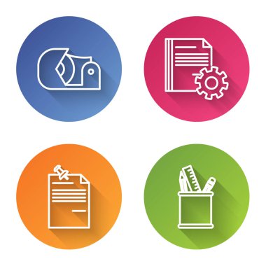 Çizgi Scotch, vitesli belge ayarları, iğneli basma düğmeli not kağıdı ve kalem kutusu kırtasiyesi. Renkli daire düğmesi. Vektör