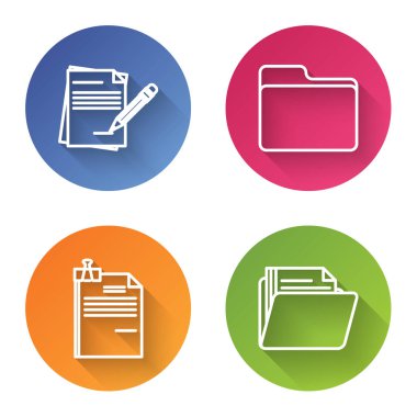 Silgi, Belge dizini, Dosya belgesi, klasör klipsi ve Belge dizini ile boş defter ve kalem satırını ayarla. Renkli daire düğmesi. Vektör