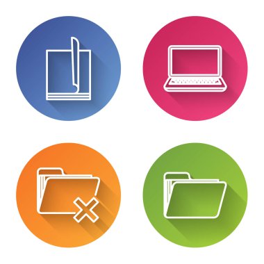 Satır Dosya belgesini, Laptop 'ı, dizini ve Belge dizinini sil. Renkli daire düğmesi. Vektör
