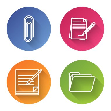 Satır Kağıt Ataç, Silgi ile Boş Defter ve Kalem, Boş Defter ve Kalem ve Belge klasörünü Ayarla. Renkli daire düğmesi. Vektör