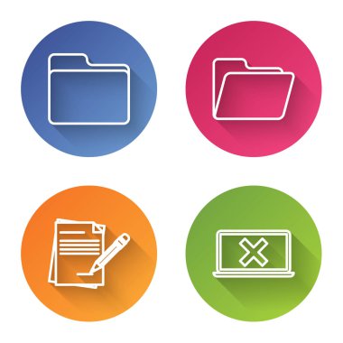 Satır Belge dizinini, Belge dizinini, Silgi ve dizüstü bilgisayarlı boş defter ve kalemi ekrana getir. Renkli daire düğmesi. Vektör