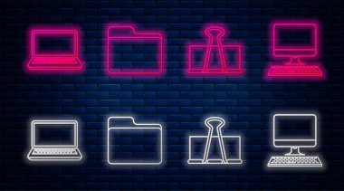 Satır Belge dizini, Binder klipsi, Laptop ve Bilgisayar monitörünü klavye ile ayarla. Tuğla duvarda parlayan neon simgesi. Vektör