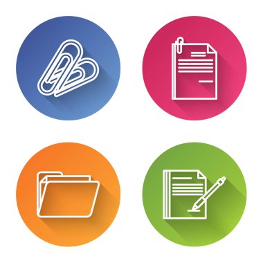 Satır Kağıt Ataç, Dosya belgesi ve ataç, Belge klasörü ve Boş Not Defteri ve Kalem 'i ayarla. Renkli daire düğmesi. Vektör