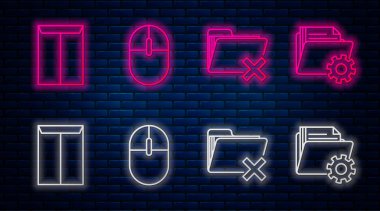 Bilgisayar faresini ayarla, dizini sil, Dizini ve Dizini ayarlarını dişlilerle birlikte sil. Tuğla duvarda parlayan neon simgesi. Vektör