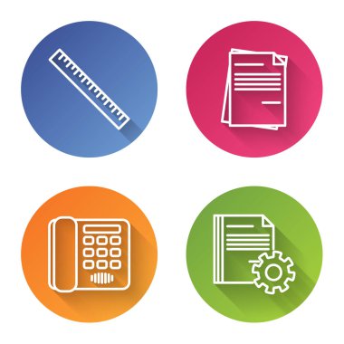 Satır cetveli, Dosya belgesi, Telefon ve Belge ayarlarını dişlilerle ayarla. Renkli daire düğmesi. Vektör