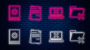 Satır Dosya belgesini, dizüstü bilgisayarını ve çapraz işaretini ekranda, Kullanıcı el kitabını ve dizini sil. Tuğla duvarda parlayan neon simgesi. Vektör