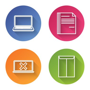 Dizüstü bilgisayar, Dosya belgesi, dizüstü bilgisayar ve çapraz işaretleri ekranda ve Zarfta ayarla. Renkli daire düğmesi. Vektör