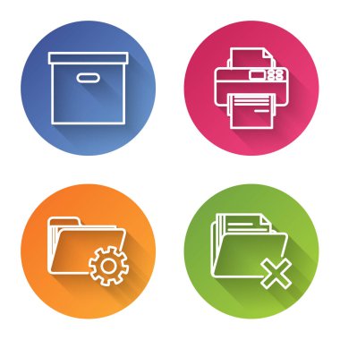 Çizgi çizgi karton kutu, yazıcı, dişli dizin ayarları ve silme klasörünü ayarla. Renkli daire düğmesi. Vektör