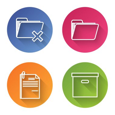 Satır Silme dizini, Belge dizini, Dosya belgesi ve ataç ve karton kutuyu ayarla. Renkli daire düğmesi. Vektör