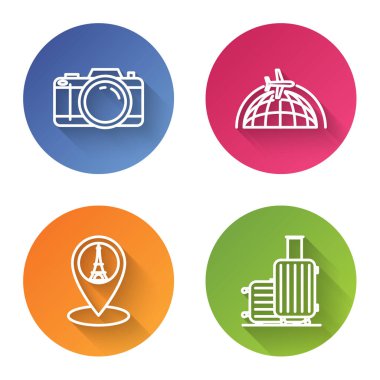 Hat kamerası, uçan uçakla Globe, Eyfel kulesi ile harita işaretleyici ve seyahat için bavul ayarla. Renkli daire düğmesi. Vektör