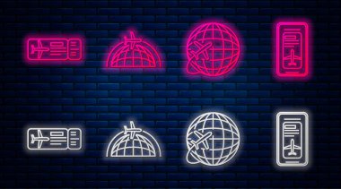 Uçuş uçağıyla Globe, uçuş uçağıyla Globe, uçak biletiyle Smartphone ve elektronik uçuş kartıyla Smartphone 'u ayarlayın. Tuğla duvarda parlayan neon simgesi. Vektör