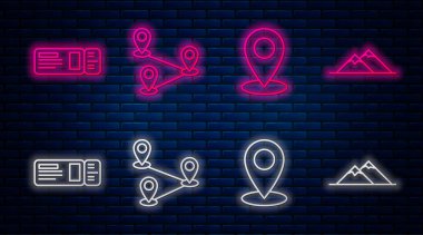 Rotayı, harita şifresini, seyahat biletini ve dağları ayarlayın. Tuğla duvarda parlayan neon simgesi. Vektör