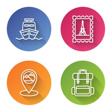 Hat çizgisi, posta pulu ve Eyfel kulesi, dağ ve sırt çantalı harita işaretleyici. Renkli daire düğmesi. Vektör