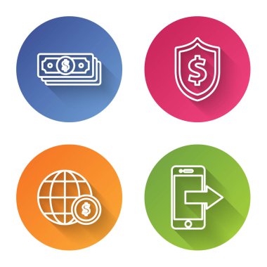 Hat Stacks kağıt para, dolar sembollü kalkan dolar sembollü dünya küresi ve akıllı telefon, cep telefonu. Renkli daire düğmesi. Vektör