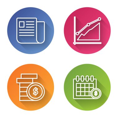 Satır Dosyası belgesi, pasta grafiği bilgisi dolar sembollü madeni para ve finans takvimi. Renkli daire düğmesi. Vektör