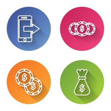 Akıllı telefon, cep telefonu dolar sembollü bozuk para, dolar sembollü bozuk para ve para çantası. Renkli daire düğmesi. Vektör