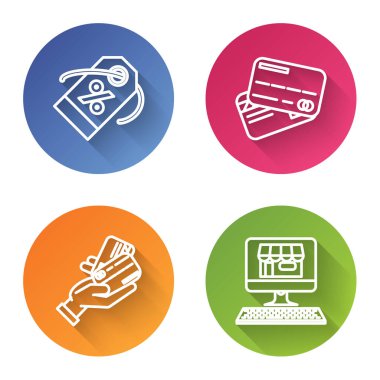 İndirim yüzde etiketi, kredi kartı, kredi kartlı insan el ele tutuşması ve ekran bilgisayarındaki alışveriş binasını ayarla. Renkli daire düğmesi. Vektör