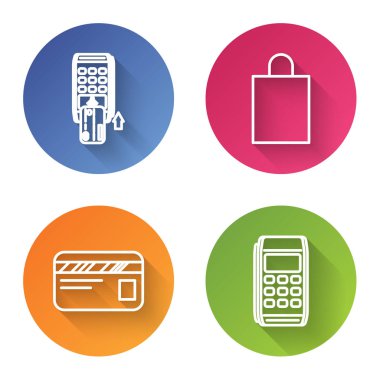 Pos terminalini eklenen kredi kartı, kağıt alışveriş çantası, kredi kartı ve Pos terminali ile ayarla. Renkli daire düğmesi. Vektör