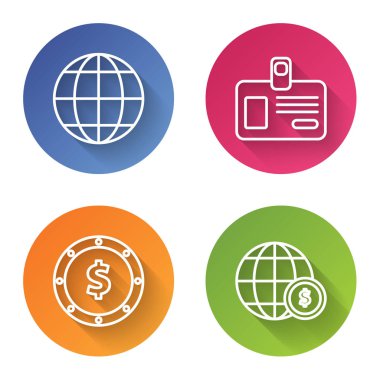 Dünya küresi, kimlik kartı dolar sembollü bozuk para ve dolar sembollü dünya küresi. Renkli daire düğmesi. Vektör