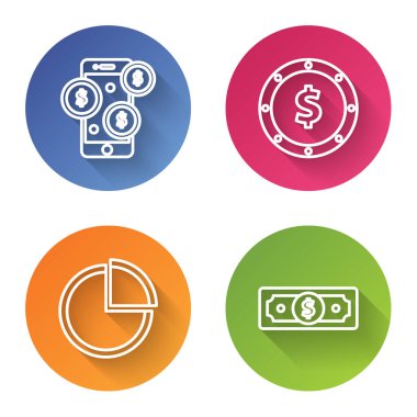 Dolar sembollü akıllı telefon, dolar sembollü bozuk para, pasta grafiği bilgisi ve kağıt para yığını. Renkli daire düğmesi. Vektör