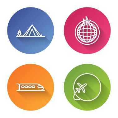 Ahşap ateşli turist çadırı, uçan uçakla Globe, uçan uçakla Train ve Globe. Renkli daire düğmesi. Vektör