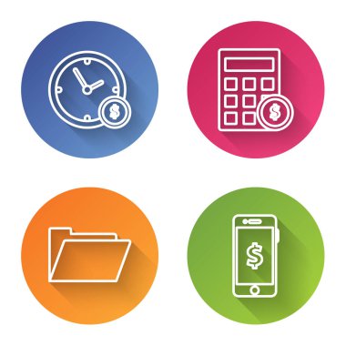 Set Zamanı para, dolar sembollü hesap makinesi, belge klasörü ve dolar sembollü akıllı telefon. Renkli daire düğmesi. Vektör
