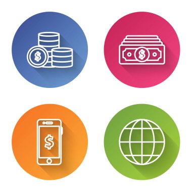 Dolar sembollü bozuk para, kağıt para yığını dolar sembollü akıllı telefon ve dünya küresi. Renkli daire düğmesi. Vektör