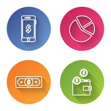 Çizgiyi dolar sembollü akıllı telefon, pasta grafiği bilgisi, kağıt para yığını ve bozuk para dolu cüzdan ile ayarla. Renkli daire düğmesi. Vektör