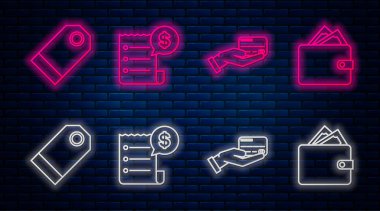 Satır kağıdını ve mali çekini ayarlayın, kredi kartı ile insan elini tutun, boş etiket fiyat etiketi ve kağıt para destesiyle cüzdan. Tuğla duvarda parlayan neon simgesi. Vektör