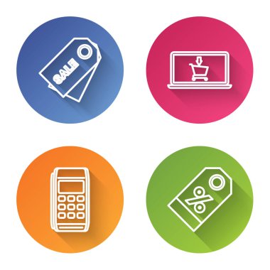 Satır Price etiketini bir yazıt satışı, alışveriş arabası ekran dizüstü bilgisayarı, Pos terminal ve indirimli yüzde etiketi ile ayarla. Renkli daire düğmesi. Vektör