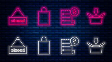 Kağıt alışveriş çantası, kağıt çek ve mali çek, kapalı ve alışveriş sepetli asma tabelası. Tuğla duvarda parlayan neon simgesi. Vektör