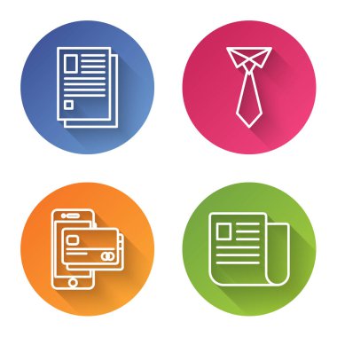 Satır Dosya belgesi, kravat, cep telefonu, kredi kartı ve dosya dökümanlarını ayarla. Renkli daire düğmesi. Vektör