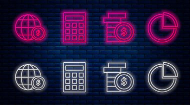 Çizgi hesap makinesi, dolar sembollü madeni para dolar sembollü dünya küresi ve turta grafiği bilgisi. Tuğla duvarda parlayan neon simgesi. Vektör