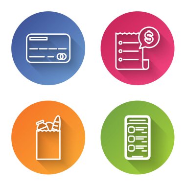 Kredi kartı, kağıt çek ve mali çek, kağıt alışveriş torbası, yiyecek ve internet üzerinden cep telefonu alışverişi. Renkli daire düğmesi. Vektör