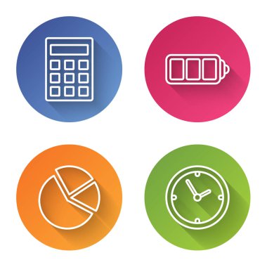 Satır hesaplayıcısını, pil şarj seviyesi göstergesini, pasta grafiğini ve saati ayarla. Renkli daire düğmesi. Vektör