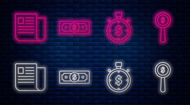 Hat Stacks kağıt para, zaman para, dosya dokümanı ve büyüteç ve dolar sembolü. Tuğla duvarda parlayan neon simgesi. Vektör