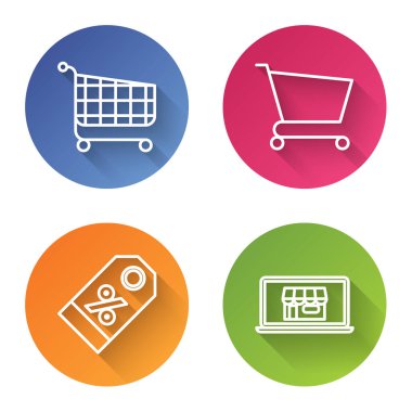 Alış veriş arabası, alışveriş arabası, indirim yüzde etiketi ve ekran laptopunda alışveriş binası. Renkli daire düğmesi. Vektör