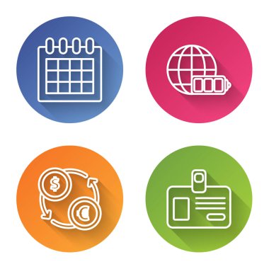 Çizgi çizelgesi, pil şarj seviyesi göstergesi, dünya küresi, para değişimi ve kimlik kartı. Renkli daire düğmesi. Vektör