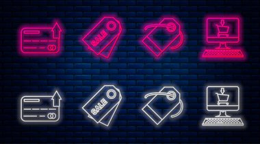Satır Price etiketini bir yazıt satışı, Blank etiketi şablon fiyat etiketi, kredi kartı ve alışveriş arabasını ekran bilgisayarında ayarla. Tuğla duvarda parlayan neon simgesi. Vektör