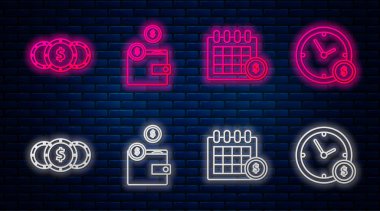 Bozuk paralı cüzdan, mali takvim, dolar sembollü bozuk para ve zaman paradır. Tuğla duvarda parlayan neon simgesi. Vektör