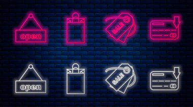 Satır kağıdı alışveriş çantası, fiyat etiketi, yazı indirimi, açık kapı ve kredi kartıyla asma tabelası. Tuğla duvarda parlayan neon simgesi. Vektör